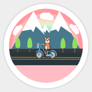 Kawaii dogs going on a road trip on the bicycle to the mountains Sticker